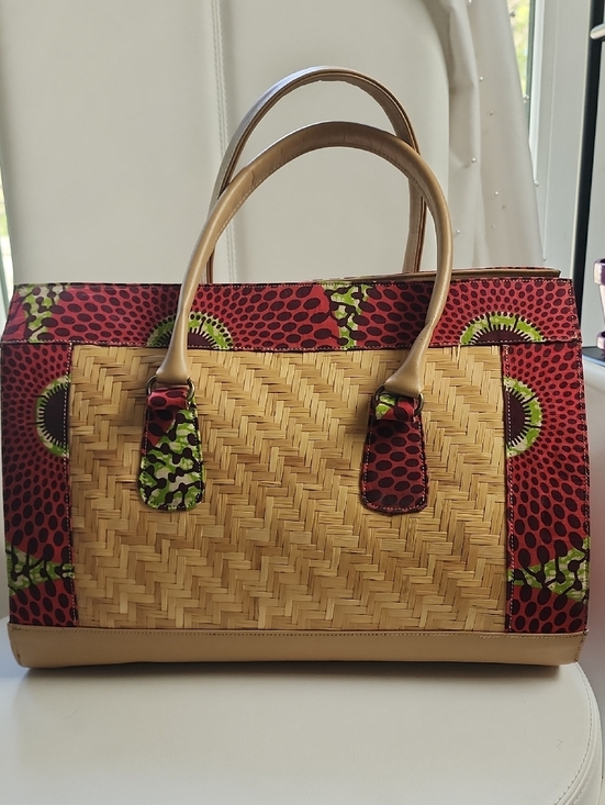 Handbags - African Print Woven Straw Tote with Red and Green Accents